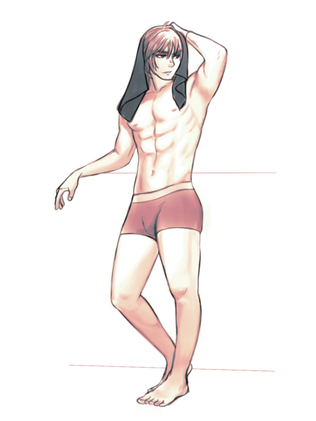 お風呂上がりにパンツ一丁で髪を拭いているヒューズ